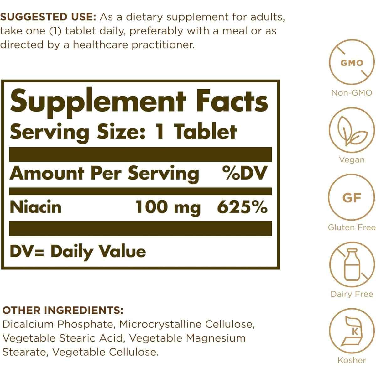 Tabla nutricional del suplemento Solgar Niacina (Vitamina B3) 100 Tabletas