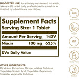 Tabla nutricional del suplemento Solgar Niacina (Vitamina B3) 100 Tabletas