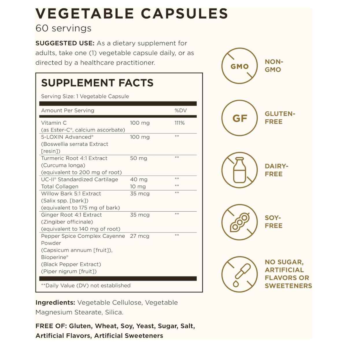 Tabla nutricional del suplemento Solgar No. 7 Advanced Joint Support Complex 60 cápsulas