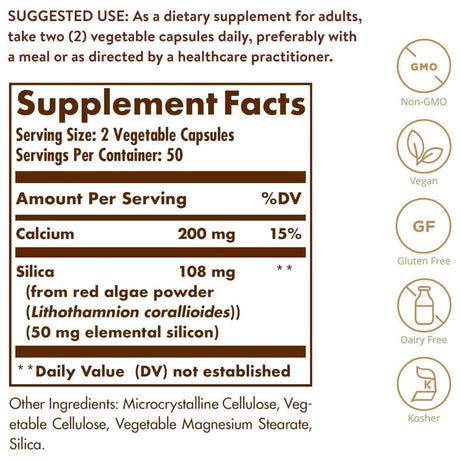 Tabla nutricional del suplemento Solgar Sílice Oceánica 100 cápsulas