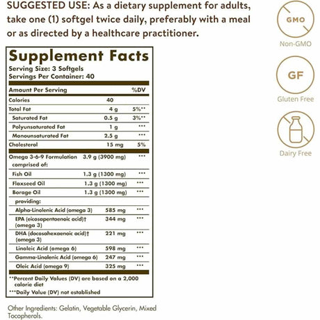 Etiqueta de Solgar Omega 3-6-9 con fórmula de 3900 mg por porción