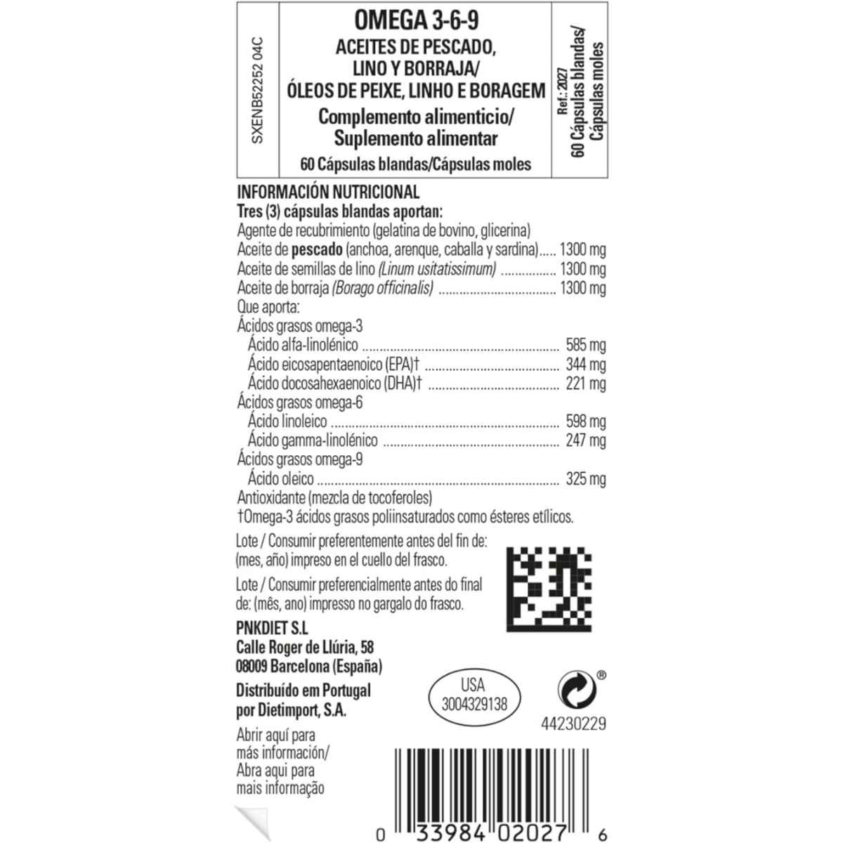 Etiqueta de Solgar Omega 3-6-9 con aceites de pescado, linaza y borraja