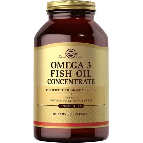 Frasco frontal de Solgar Omega 3 aceite de pescado concentrado, presentación de 120 cápsulas blandas