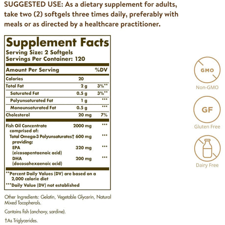 Etiqueta de suplemento de Solgar Omega 3 aceite de pescado concentrado de 240 cápsulas blandas con información de porción e ingredientes
