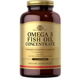 Frasco frontal de Solgar Omega 3 aceite de pescado concentrado, presentación de 240 cápsulas blandas