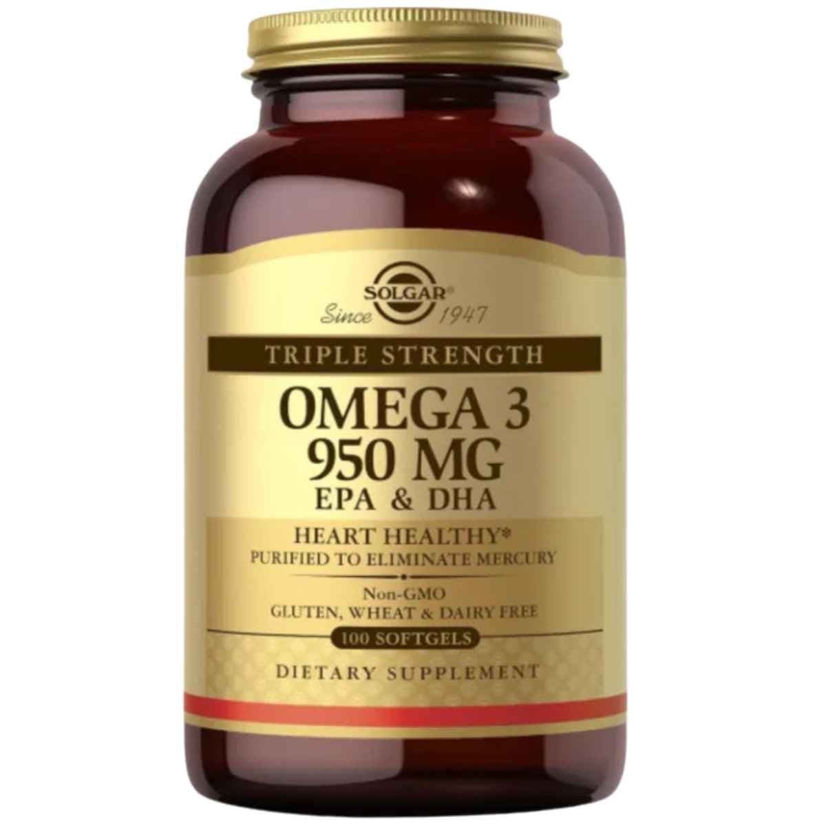 Frasco de Solgar Omega 3 EPA y DHA 950 mg, presentación de 100 cápsulas blandas