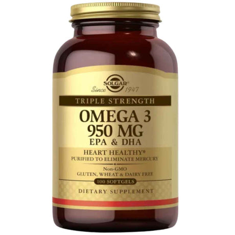Frasco de Solgar Omega 3 EPA y DHA 950 mg, presentación de 100 cápsulas blandas