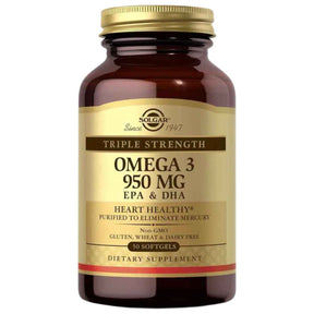 Frasco de Solgar Omega 3 EPA y DHA 950 mg, presentación de 50 cápsulas blandas