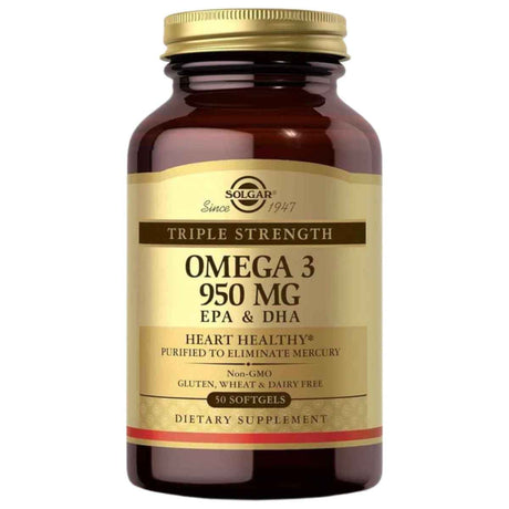 Frasco de Solgar Omega 3 EPA y DHA 950 mg, presentación de 50 cápsulas blandas
