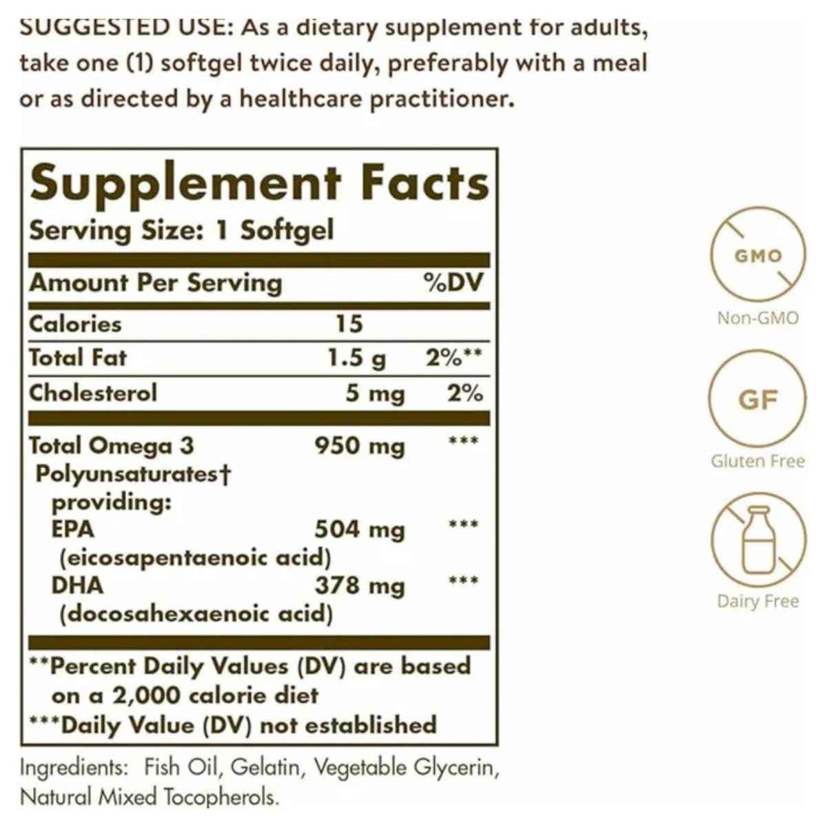 Etiqueta de suplemento de Solgar Omega 3 EPA y DHA 950 mg, presentación de 100 cápsulas blandas