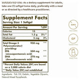Etiqueta de suplemento de Solgar Omega 3 EPA y DHA 950 mg, presentación de 100 cápsulas blandas