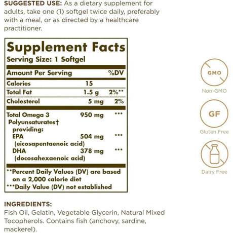 Etiqueta de suplemento de Solgar Omega 3 EPA y DHA 950 mg, presentación de 50 cápsulas blandas