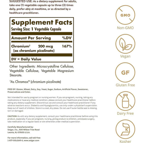 Tabla nutricional del suplemento Solgar Picolinato de Cromo 200 mcg 180 cápsulas vegetales