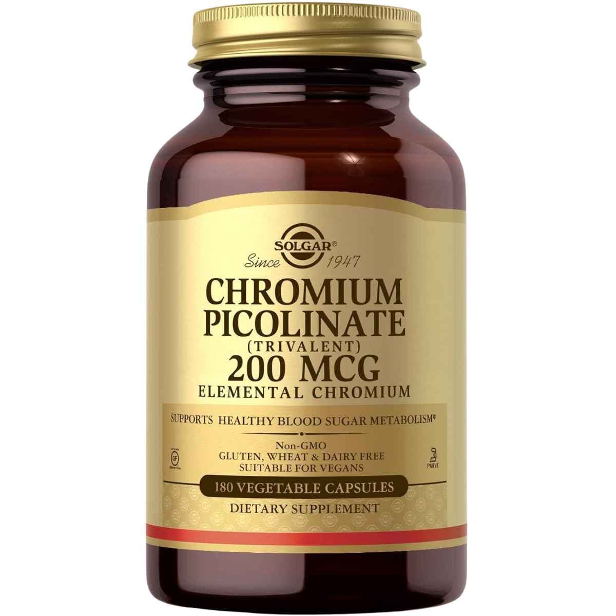 Frasco de suplemento Solgar Picolinato de Cromo 200 mcg 180 cápsulas vegetales