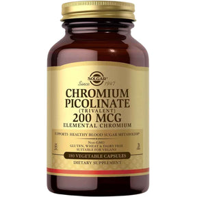 Frasco de suplemento Solgar Picolinato de Cromo 200 mcg 180 cápsulas vegetales