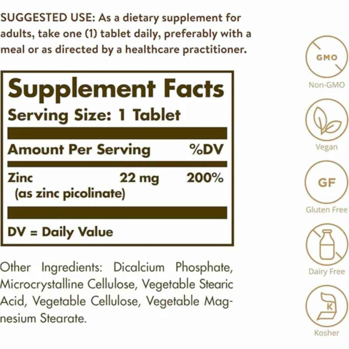 Tabla nutricional del suplemento Solgar Picolinato de Zinc 22 mg 100 tabletas