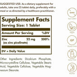 Tabla nutricional del suplemento Solgar Picolinato de Zinc 22 mg 100 tabletas