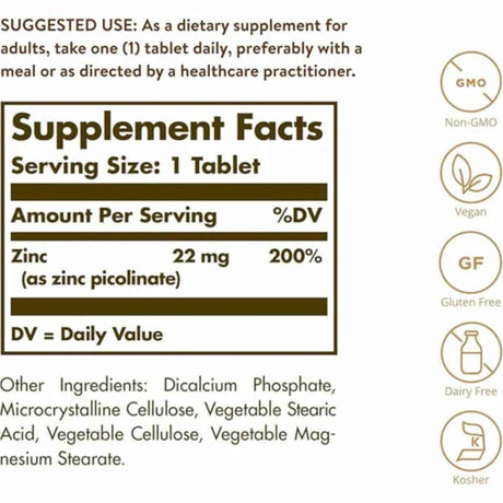 Tabla nutricional del suplemento Solgar Picolinato de Zinc 22 mg 100 tabletas