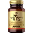 Frasco de suplemento Solgar Picolinato de Zinc 22 mg 100 tabletas