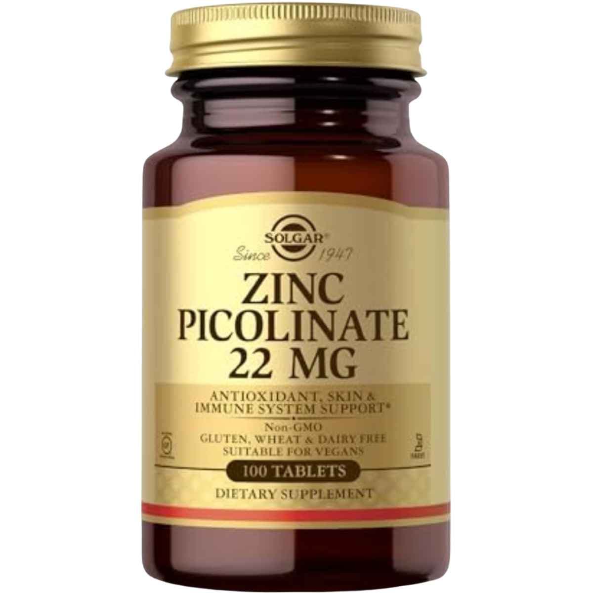 Frasco de suplemento Solgar Picolinato de Zinc 22 mg 100 tabletas