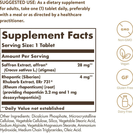 Tabla nutricional del suplemento Solgar Ruibarbo Siberiano y Azafrán 30 tabletas