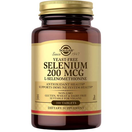 Frasco de suplemento Solgar Selenio 200 mcg 100 tabletas
