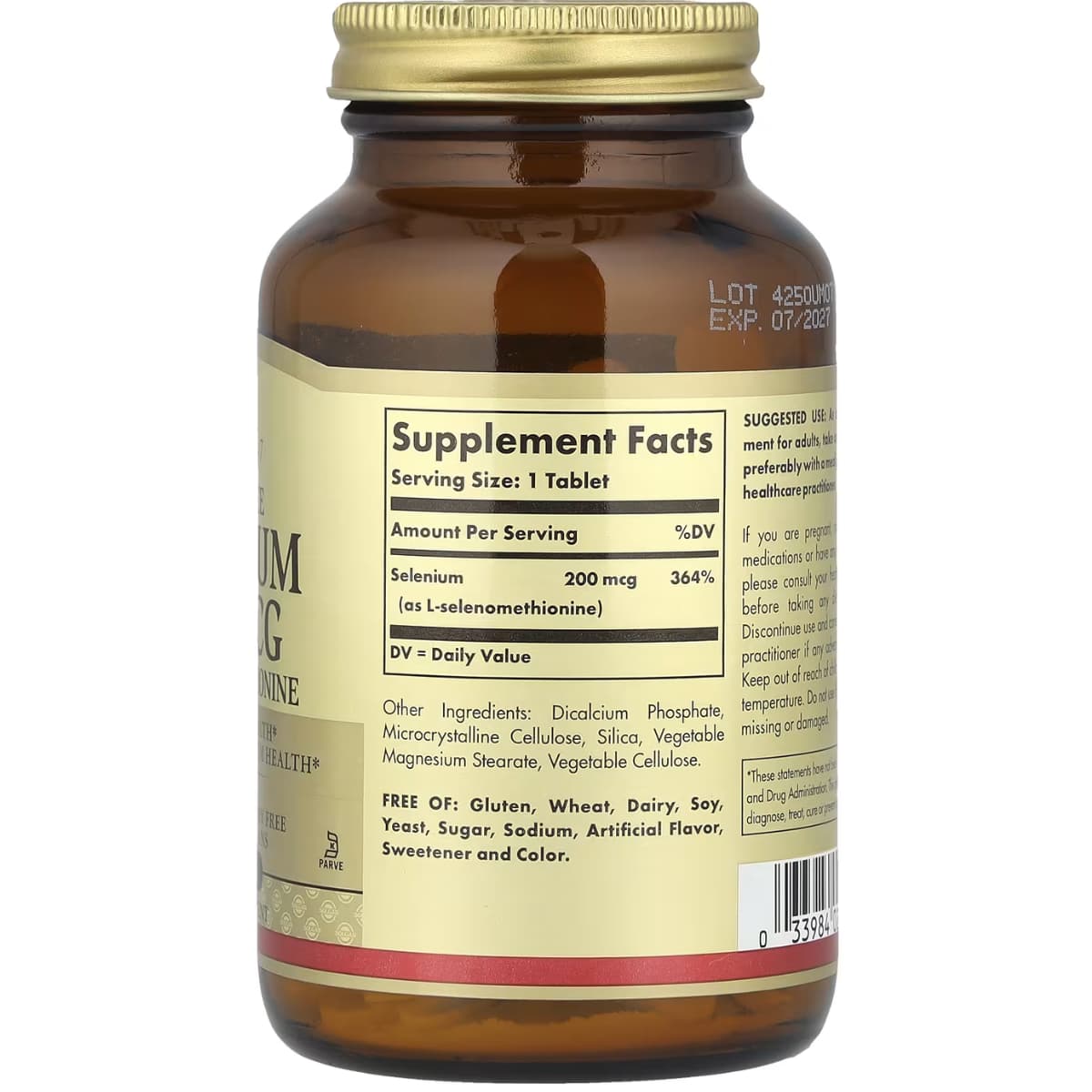 Tabla nutricional del suplemento Solgar Selenio 200 mcg 250 tabletas
