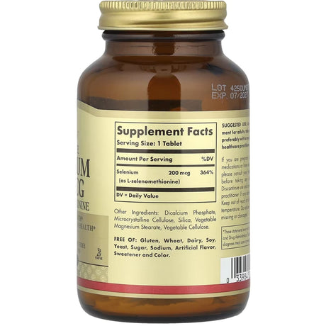 Tabla nutricional del suplemento Solgar Selenio 200 mcg 250 tabletas