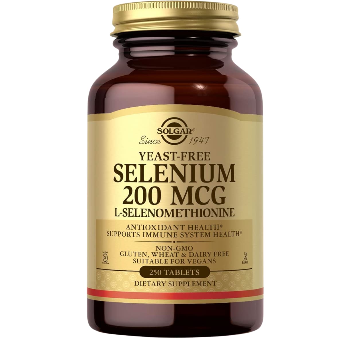 Frasco de suplemento Solgar Selenio 200 mcg 250 tabletas