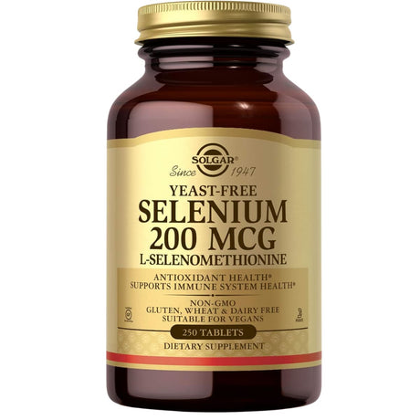 Frasco de suplemento Solgar Selenio 200 mcg 250 tabletas