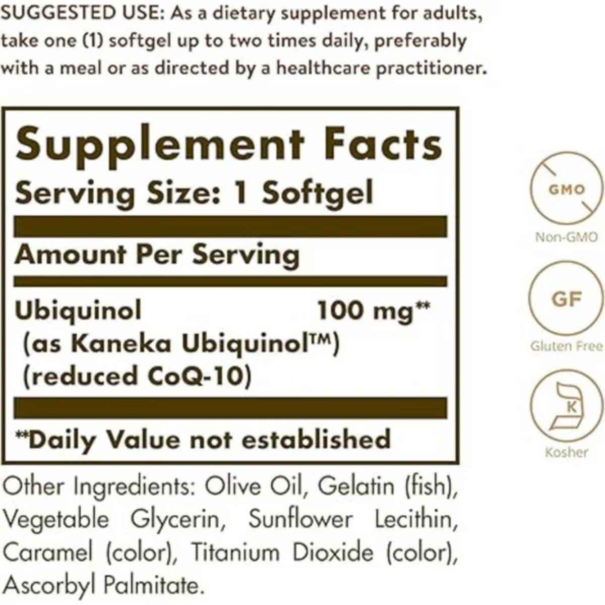 Tabla nutricional del suplemento Solgar Ubiquinol 100 mg 50 cápsulas blandas