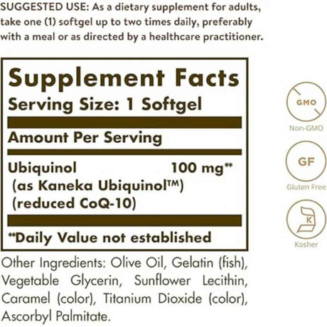 Tabla nutricional del suplemento Solgar Ubiquinol 100 mg 50 cápsulas blandas