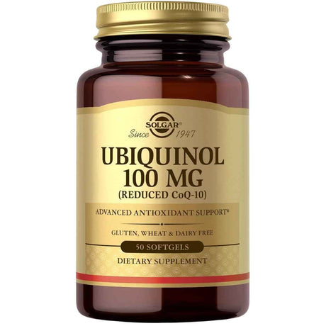Frasco de suplemento Solgar Ubiquinol 100 mg 50 cápsulas blandas
