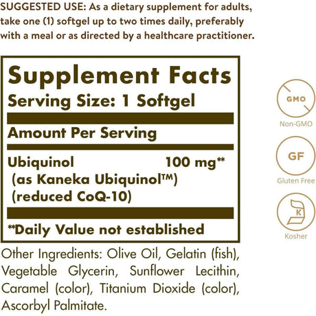 Tabla nutricional del suplemento Solgar Ubiquinol 100 mg 60 cápsulas blandas