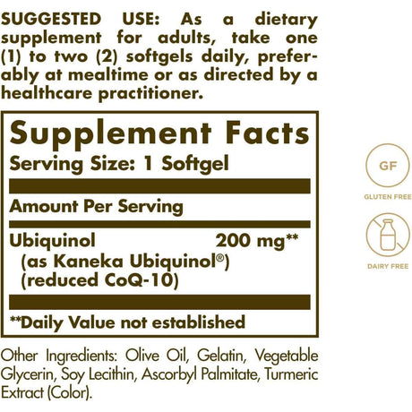 Tabla nutricional del suplemento Solgar Ubiquinol 200 mg 30 cápsulas blandas