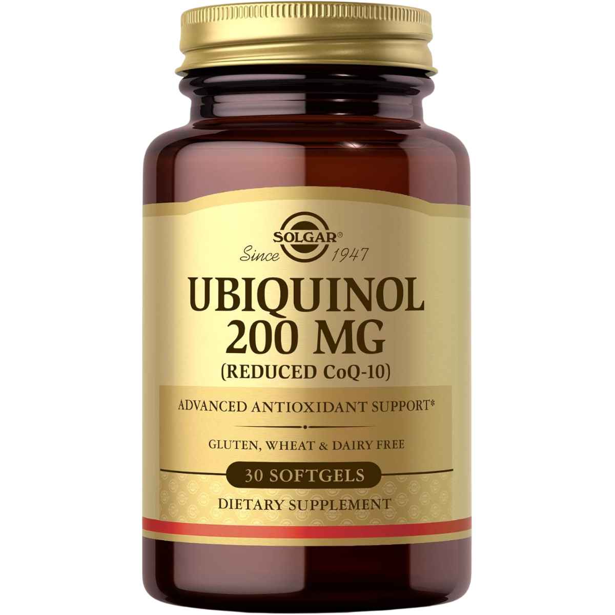Frasco de suplemento Solgar Ubiquinol 200 mg 30 cápsulas blandas