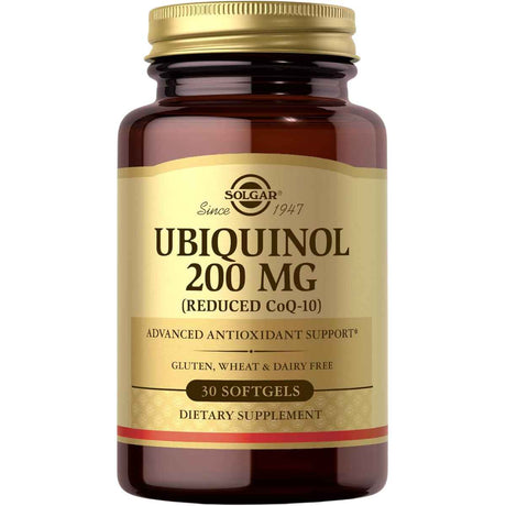 Frasco de suplemento Solgar Ubiquinol 200 mg 30 cápsulas blandas