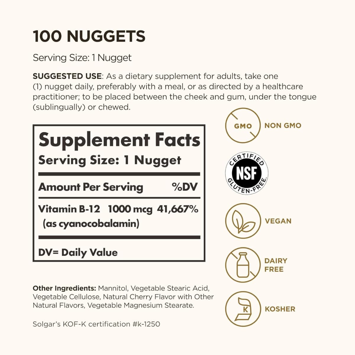 Tabla nutricional del suplemento Solgar Vitamina B12 1000 mcg 100 nuggets