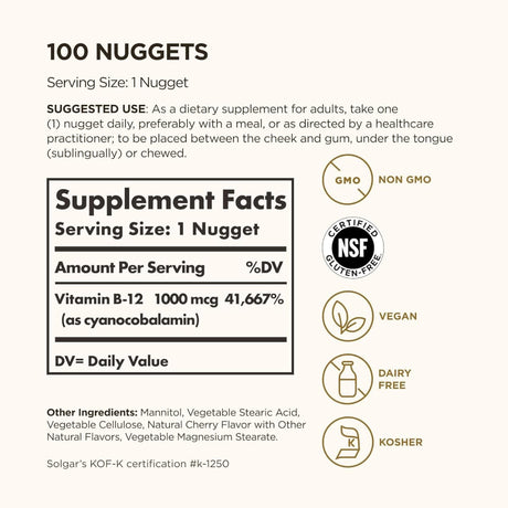Tabla nutricional del suplemento Solgar Vitamina B12 1000 mcg 100 nuggets