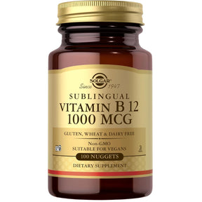 Frasco de suplemento Solgar Vitamina B12 1000 mcg 100 nuggets