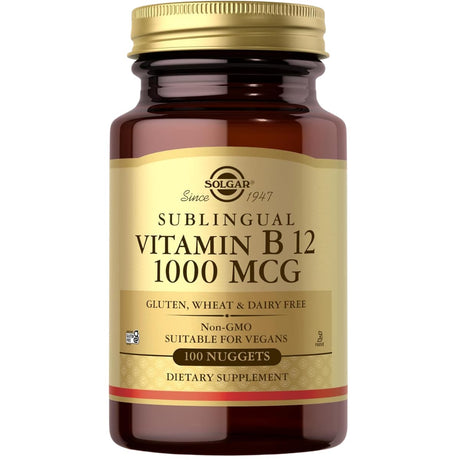 Frasco de suplemento Solgar Vitamina B12 1000 mcg 100 nuggets