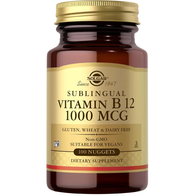 Frasco de suplemento Solgar Vitamina B12 1000 mcg 100 nuggets
