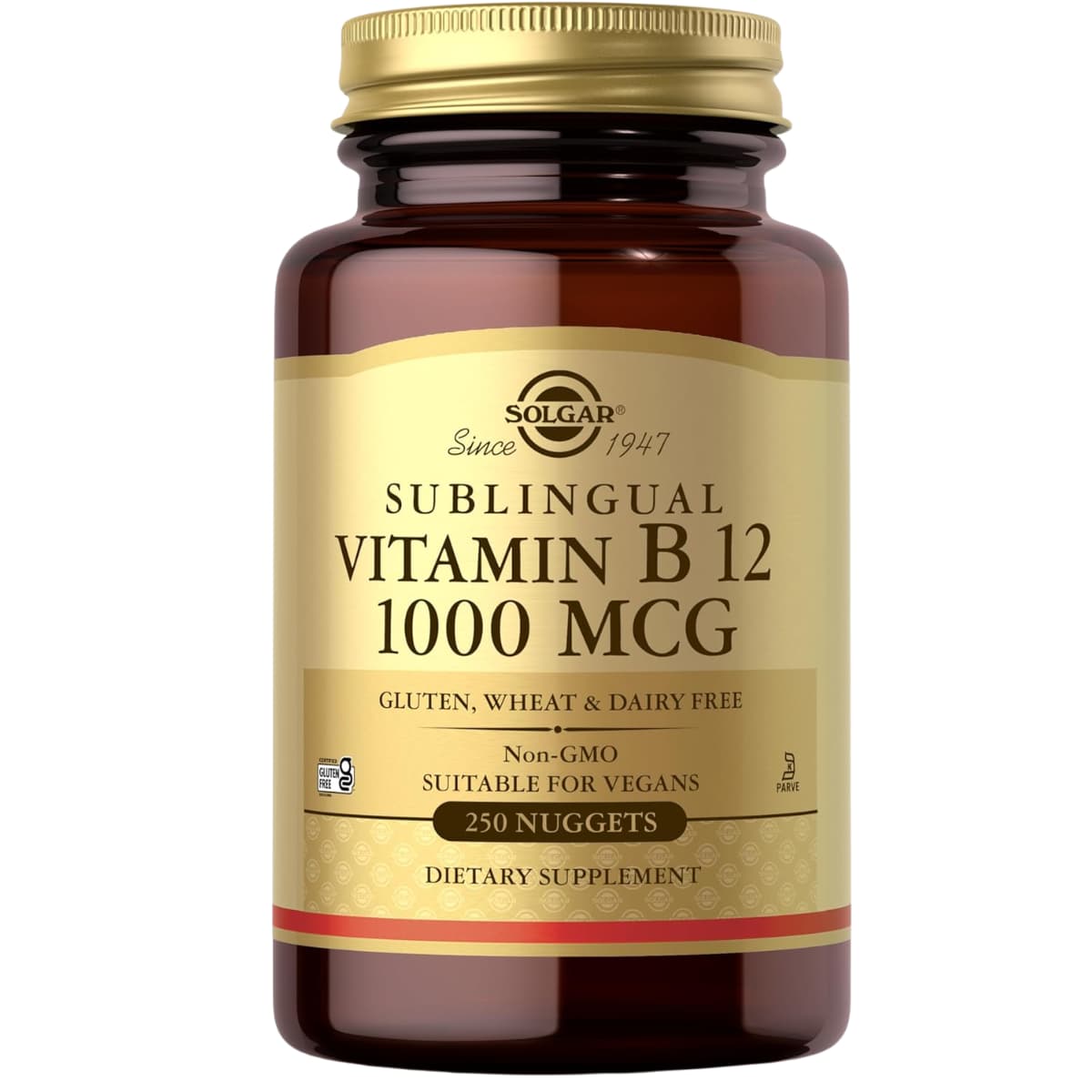 Frasco de suplemento Solgar Vitamina B12 1000 mcg 250 nuggets