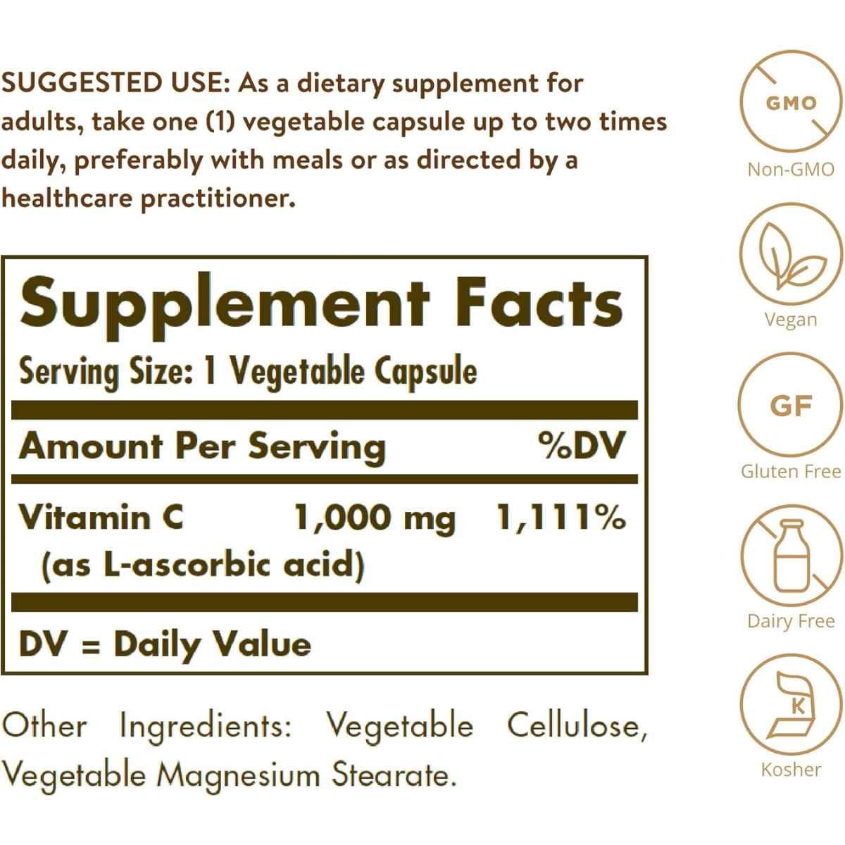 Etiqueta de suplemento de Solgar Vitamina C 1000 mg con información de porción, uso e ingredientes