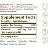 Etiqueta de suplemento de Solgar Vitamina C 1000 mg con información de porción, uso e ingredientes