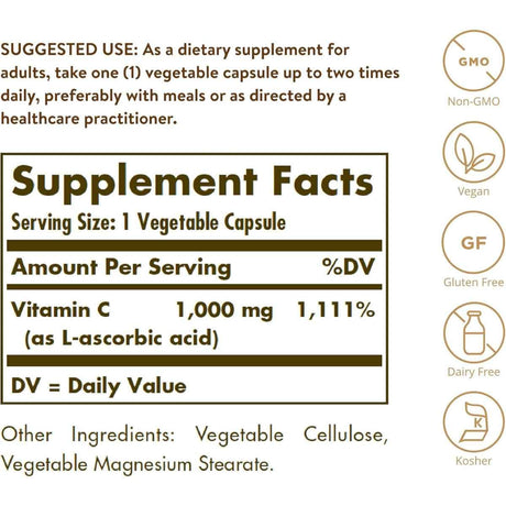 Etiqueta de suplemento de Solgar Vitamina C 1000 mg con información de porción, uso e ingredientes