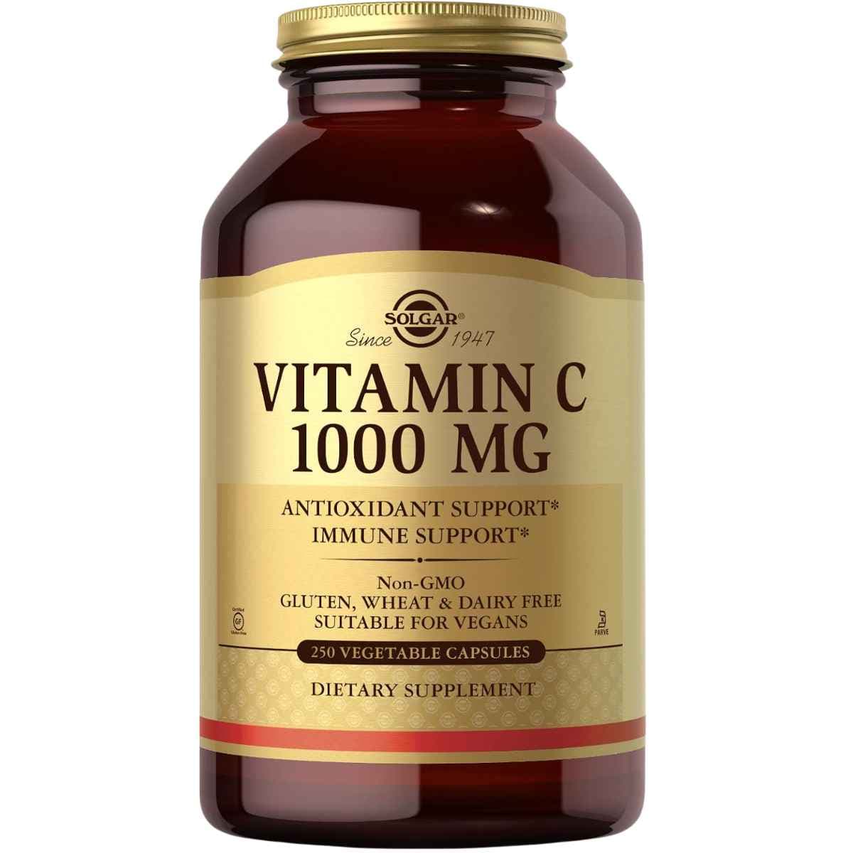 Frasco frontal de Solgar Vitamina C 1000 mg en presentación de 250 cápsulas vegetales