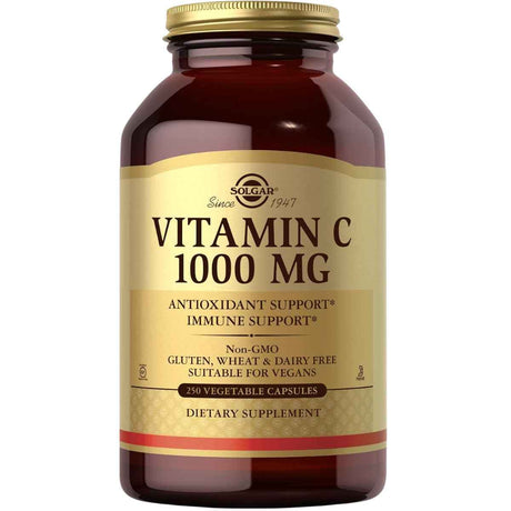 Frasco frontal de Solgar Vitamina C 1000 mg en presentación de 250 cápsulas vegetales