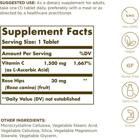 Tabla nutricional del suplemento Solgar Vitamina C 1500 mg 180 tabletas