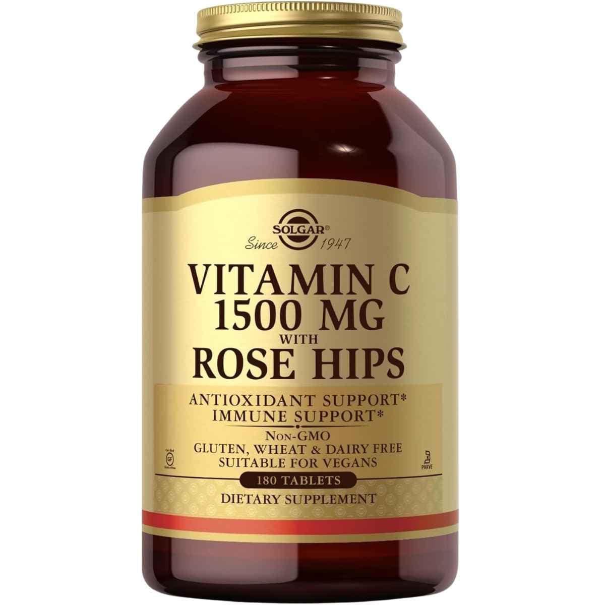 Frasco de suplemento Solgar Vitamina C 1500 mg 180 tabletas
